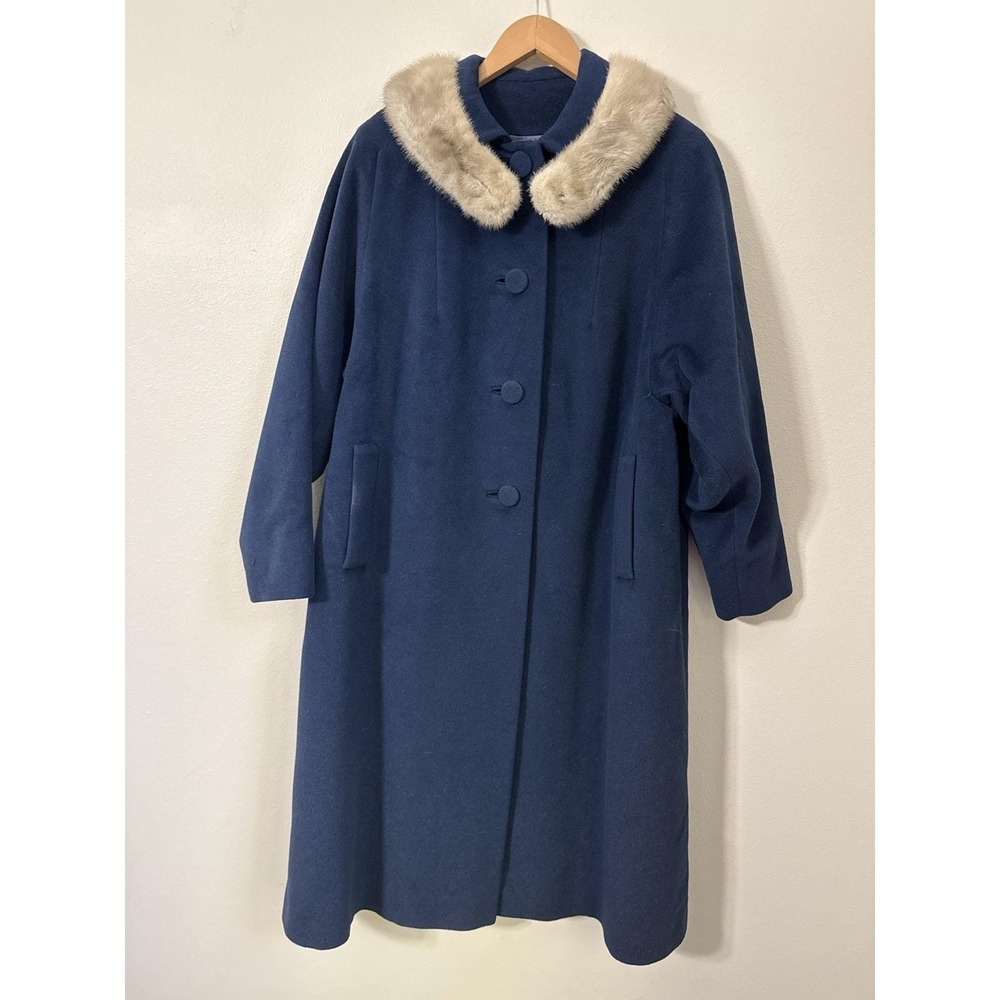 VTG 1950s 1960s Dan Berné Wool Swing Coat Faux Mink Fur Collar Blue Union USA